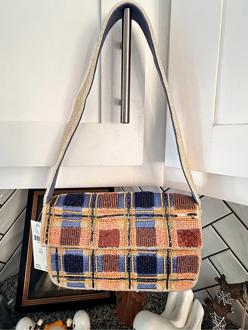 Anthropologie Fiona Beaded Bag: Holiday Plaid Edition Blue & Pink
